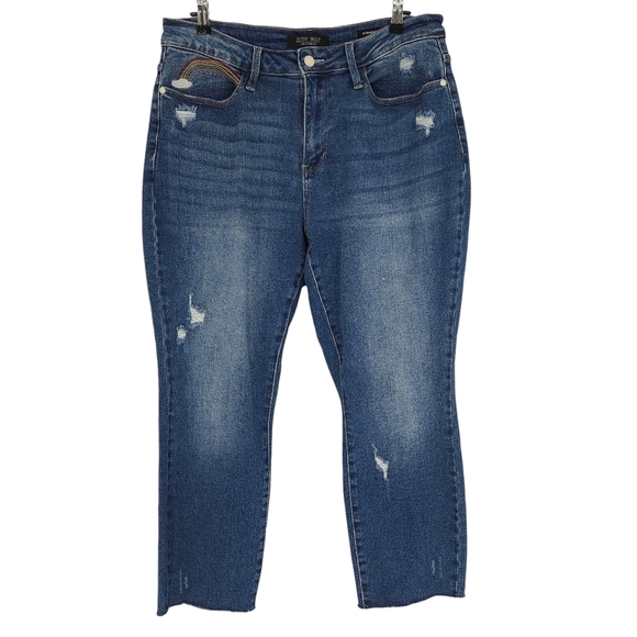 Judy Blue Denim - Judy Blue Straight Jeans Embroidered High Rise Distressed Medium Wash Denim 14W